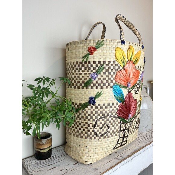 Vintage 1980’s Large Straw Raffia Floral Print Palm Beach Tote / Island / Cruise - Picture 4 of 11